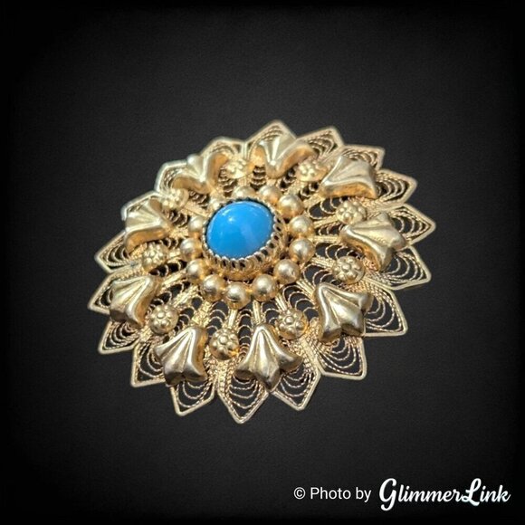 Vintage Sterling Silver Gilt Filigree Round Teal Cabochon Brooch Pin - Picture 3 of 7
